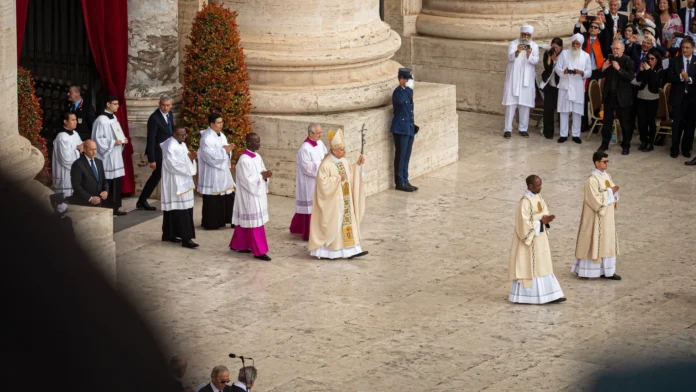 Pope Leo XIV walks towards Saint Peter's square altar on his Inaugural Mass, May 18, 2025. Picture from the archdiocese of Lima's social media feed.